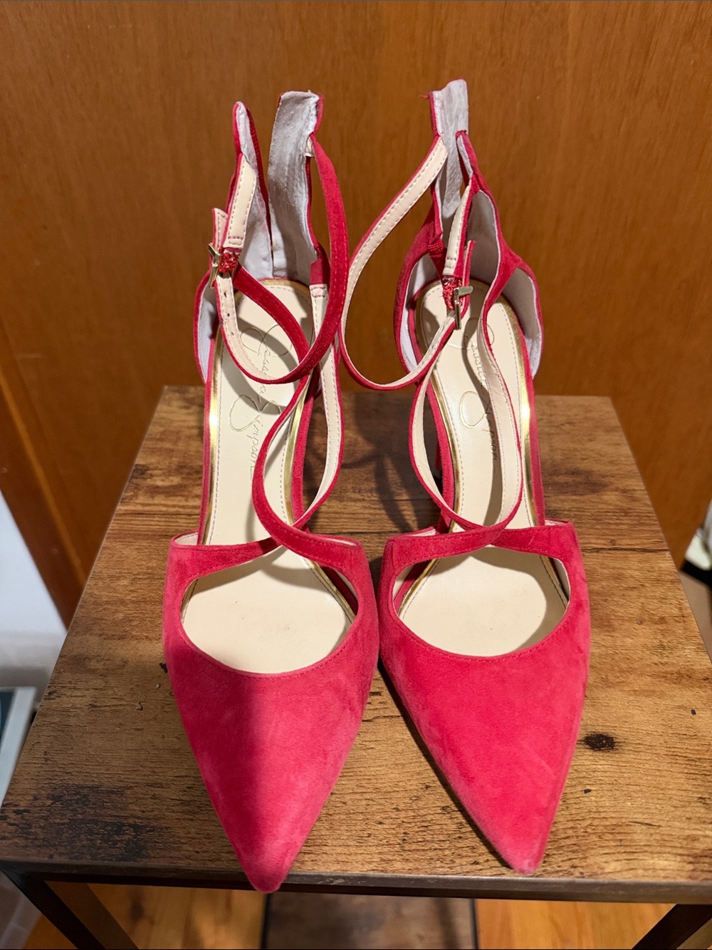 Jessica Simpson Pink Suede Pointed-Toe Crisscross Heels